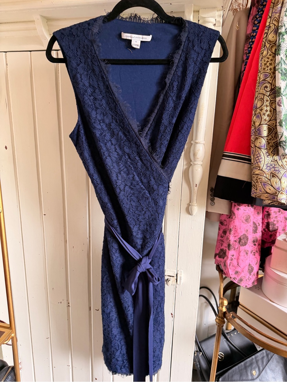 Diane von Furstenberg Navy Lace-Trim Wrap Dress